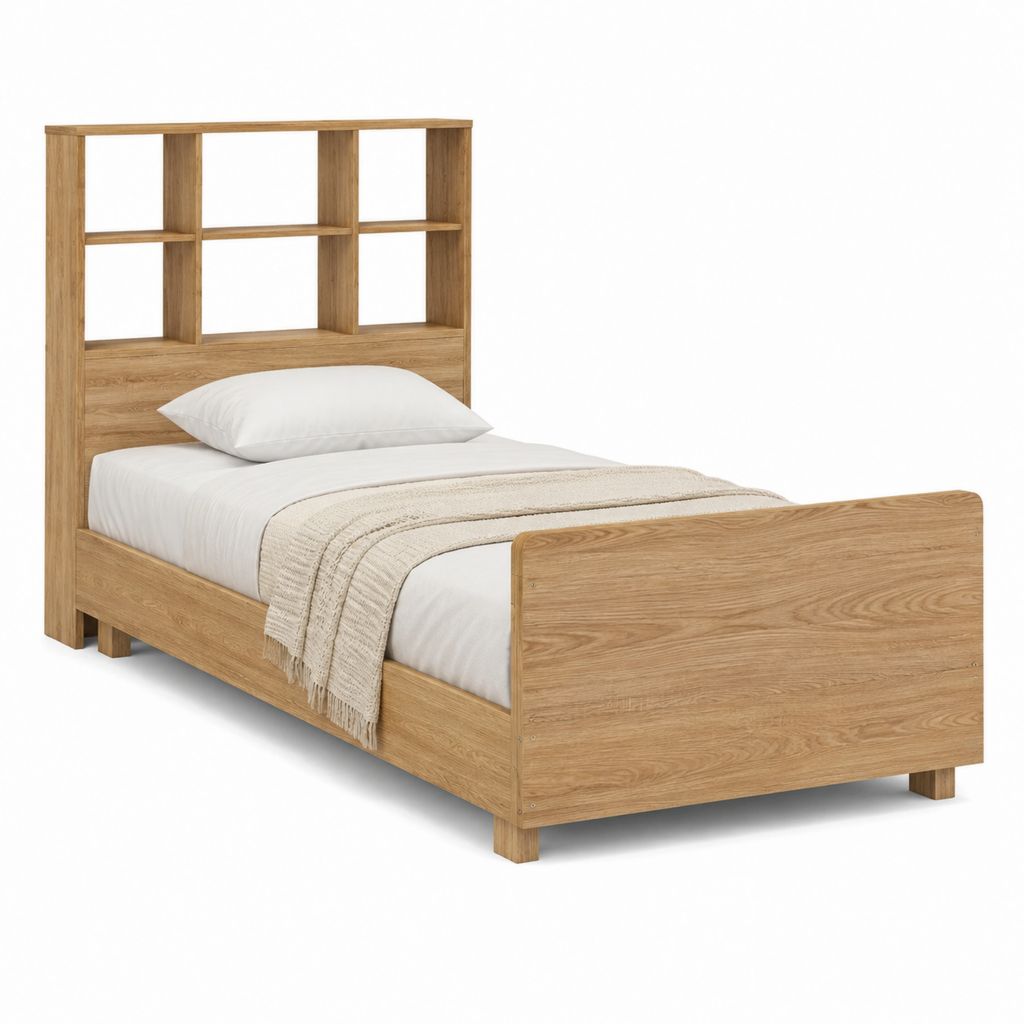 Einzelbettgestell Eiche massiv rechteckig mit Regal-Kopfteil 90 x 200 cm