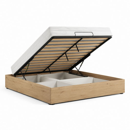 Stauraumbett Doppelbett Eiche-Optik Spanplatte rechteckig mit Gasdruckfeder Lattenrost Liegefläche 180 x 200 cm
