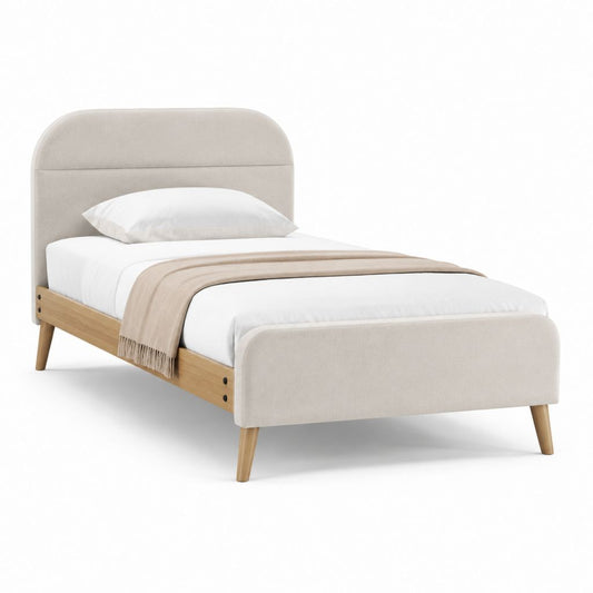 Polsterbett Einzelbett Beige Polyester Massivholz rechteckig mit Kopfteil 90 x 200 cm