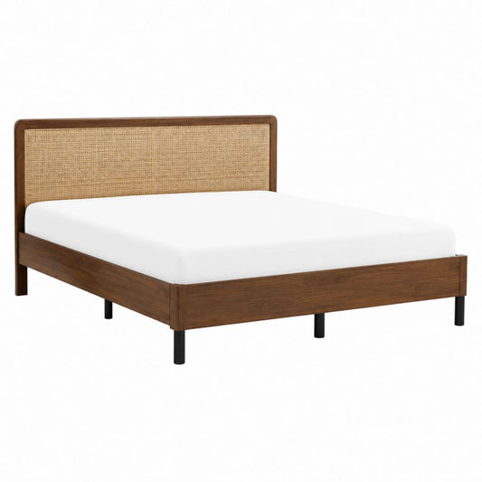 Doppelbett Bettgestell walnussbraun aus massivem Gummibaumholz und Rattangeflecht rechteckig 160 x 200 cm